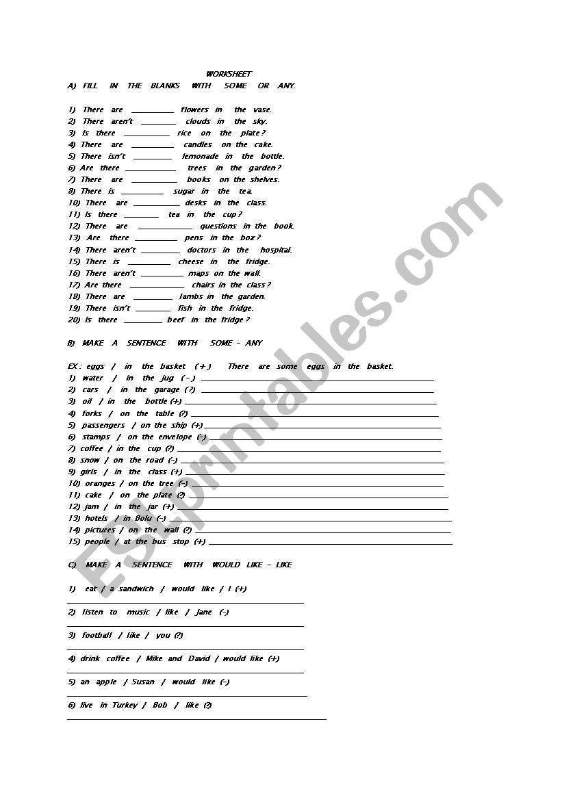 would like/some-any worksheet