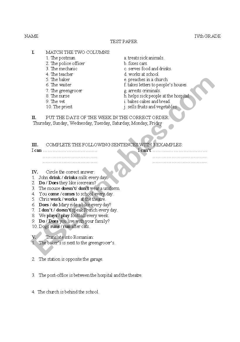 4th grade test worksheet