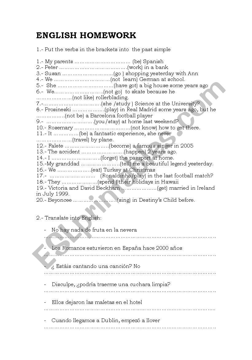 past simple homework worksheet