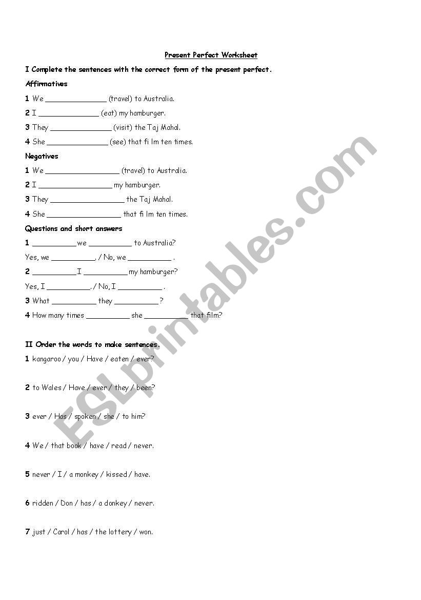 Present Perfect Worksheet / Elementary