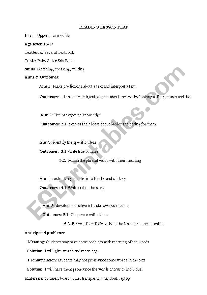 reading lesson plan worksheet