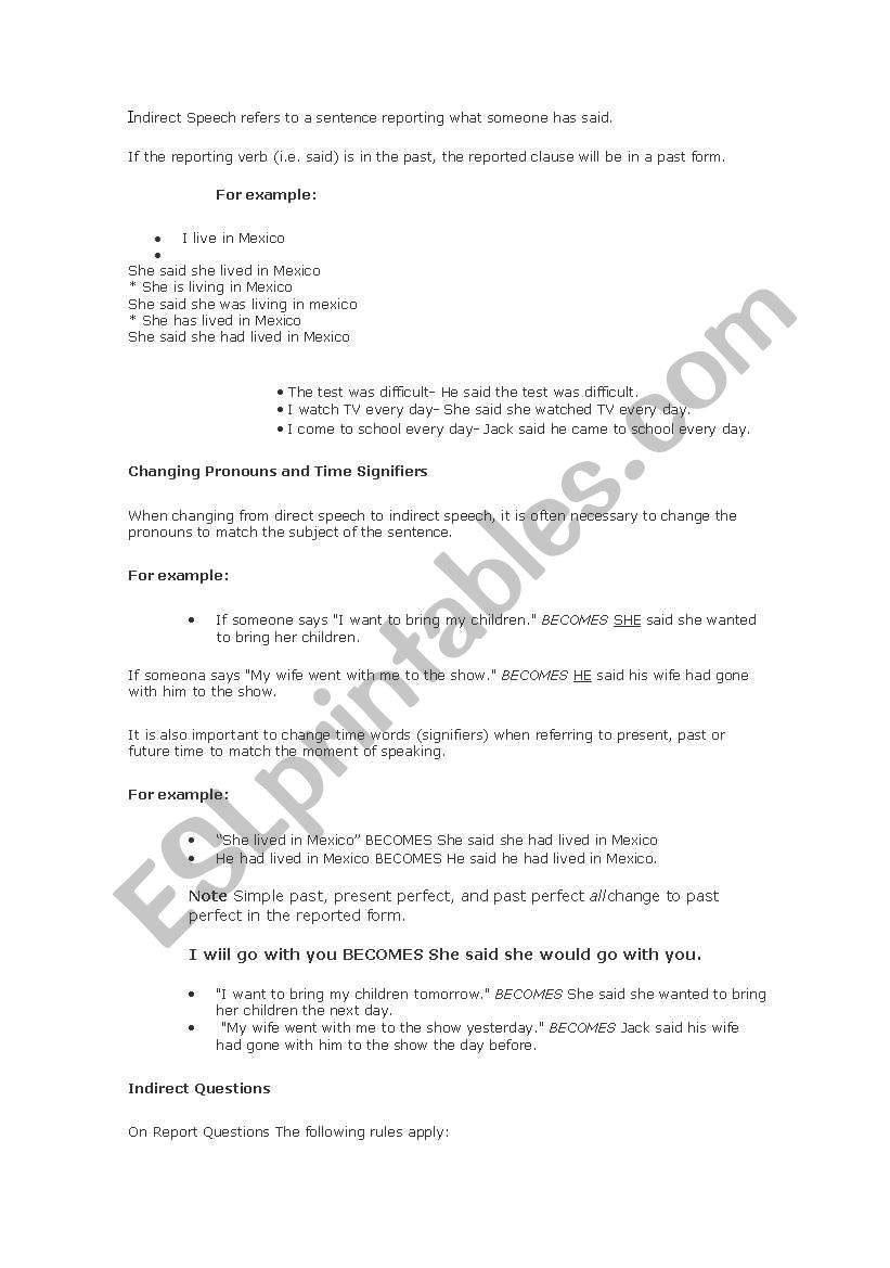 Indirect Speech worksheet