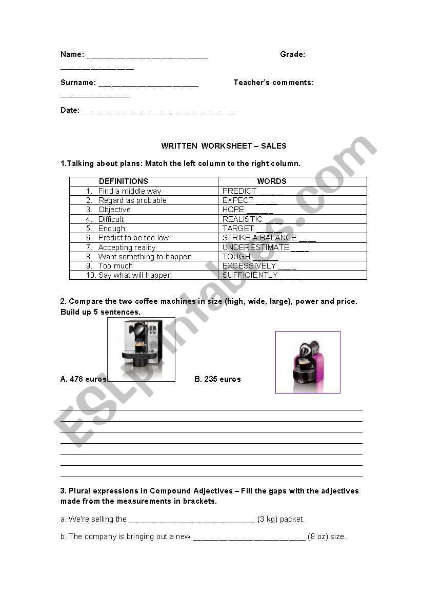 Sales and Comparisons  worksheet