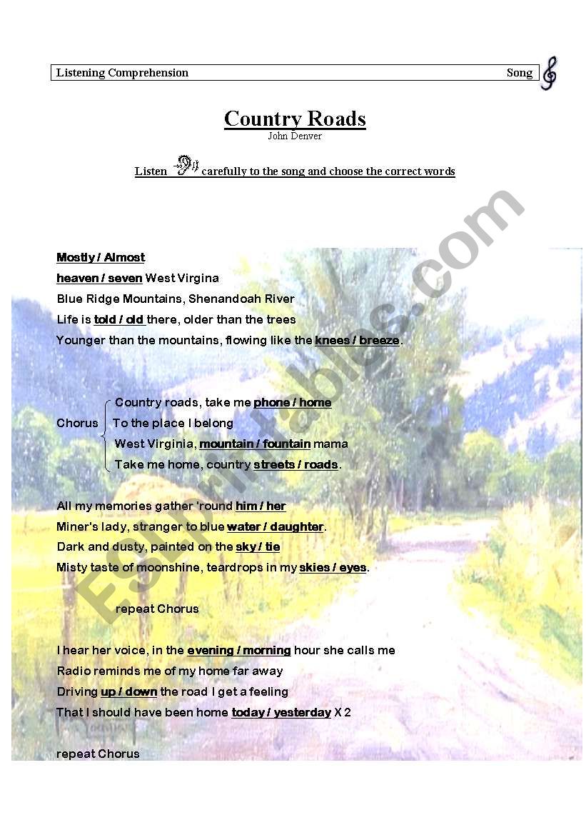 Country Roads by John Denver worksheet