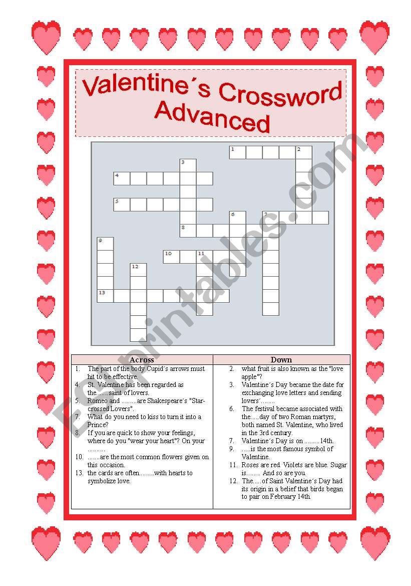 Valentine´s Crossword for Advanced with ANSWER KEY ESL worksheet by