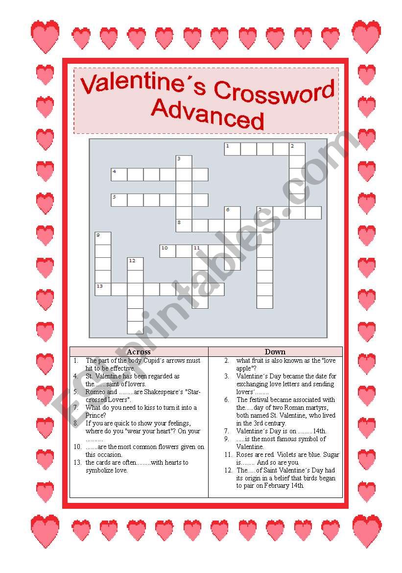 Valentines Crossword for Advanced - with ANSWER KEY