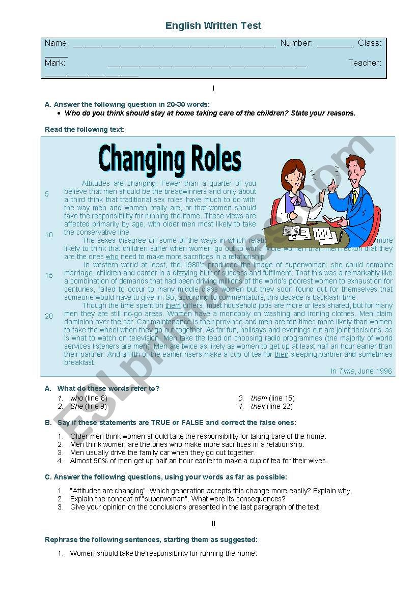 Test - Changing roles worksheet
