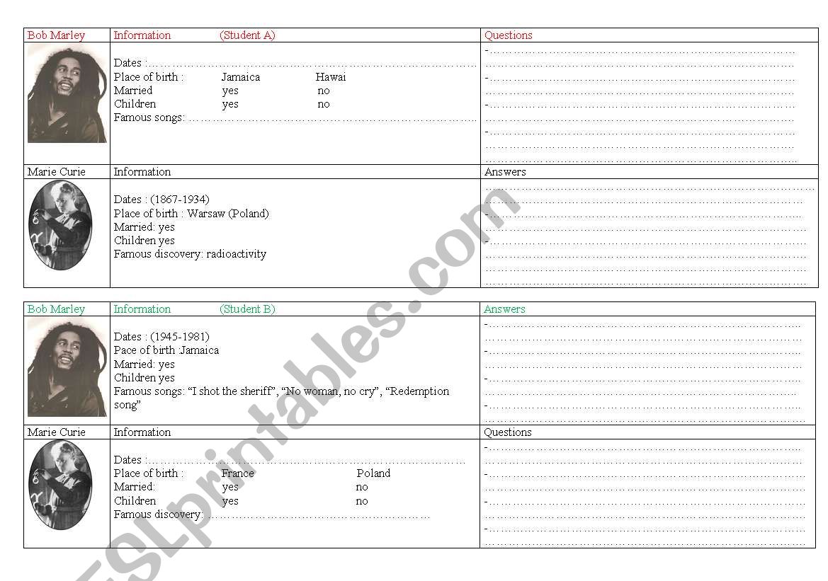Bob Marley and Marie Curie: a past simple pairwork 