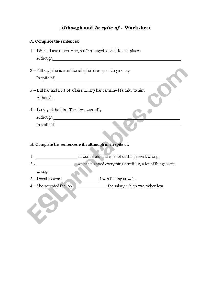 although and in spite of worksheet