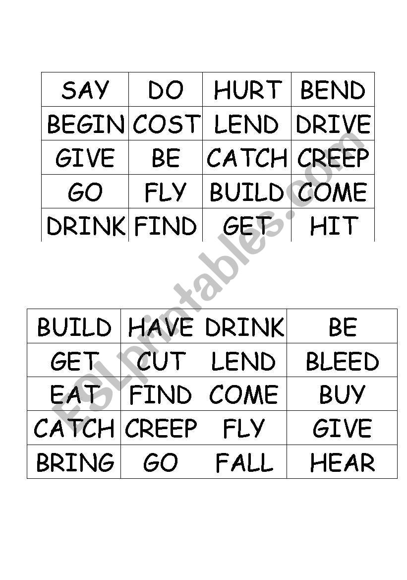 Card to be used to play bingo with irregular verbs