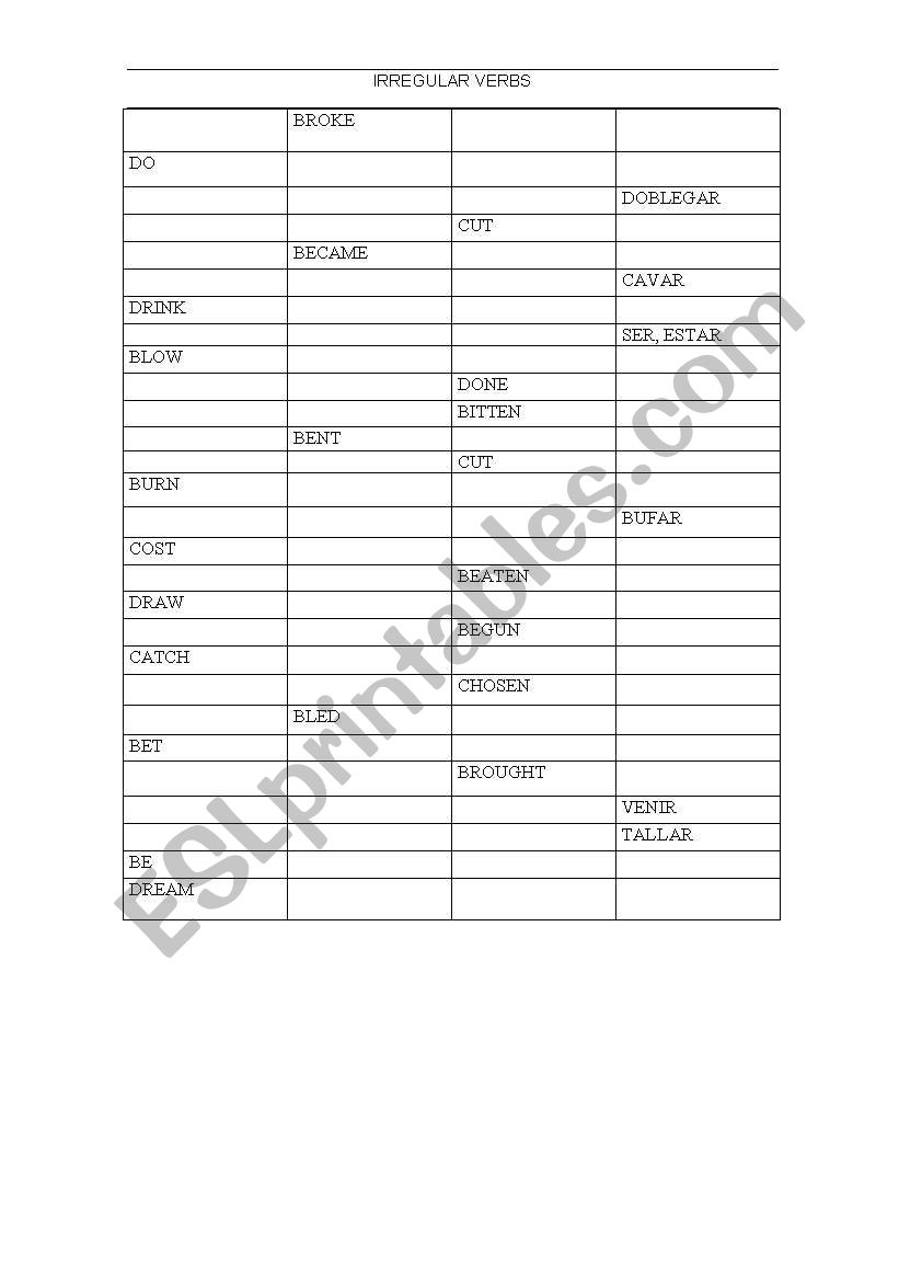 irregular verbs worksheet