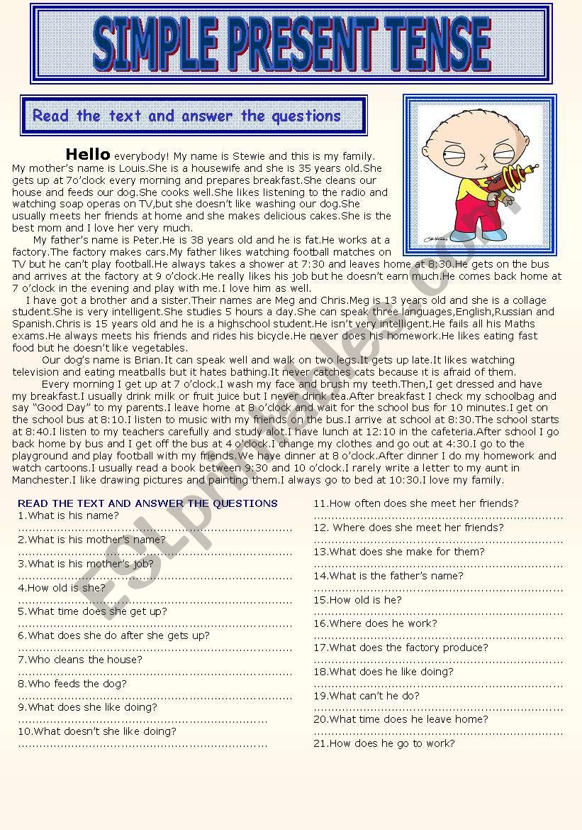 SIMPLE PRESENT TENSE READING WITH 60 WH QUESTIONS 2 PAGES ESL Worksheet By Memthefirst