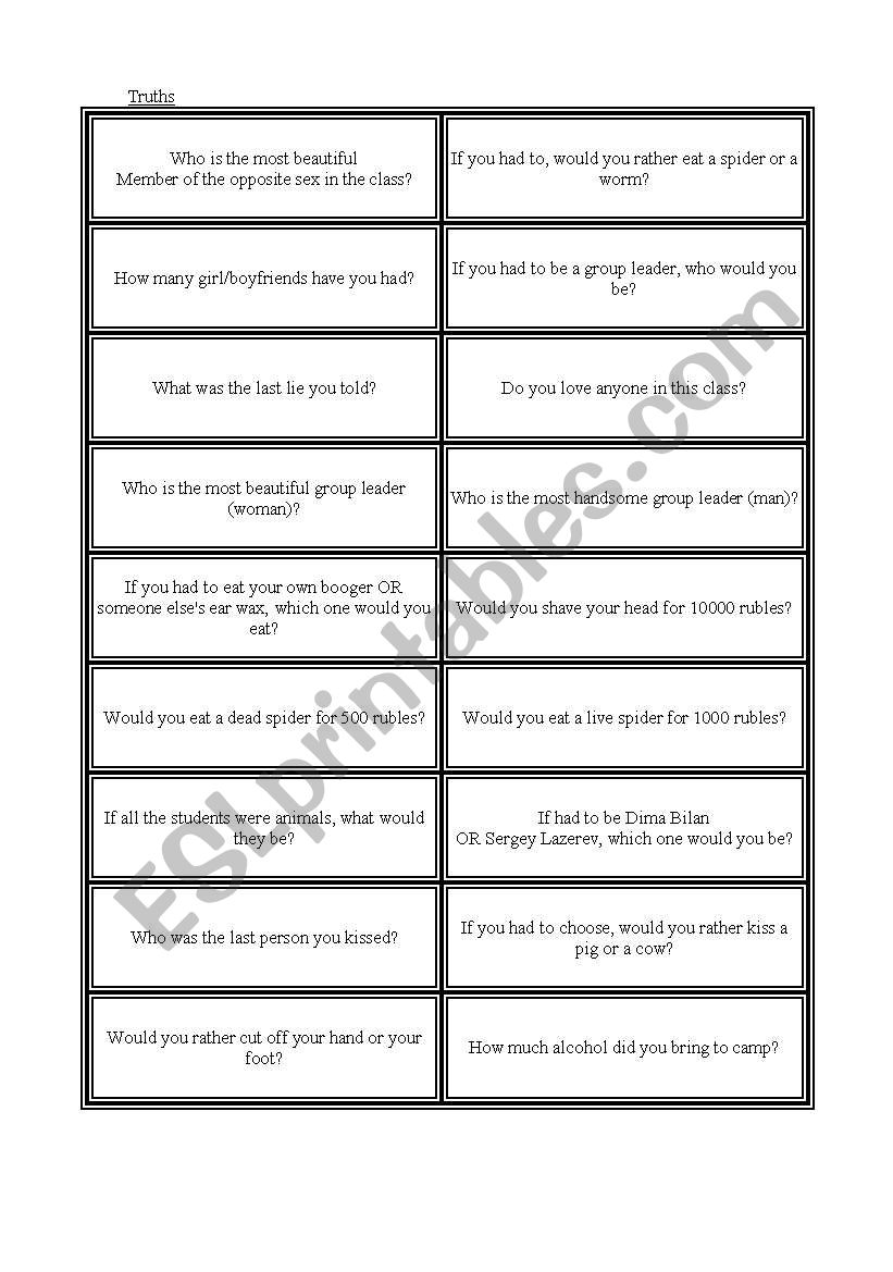 TRUTH OR DARE! worksheet