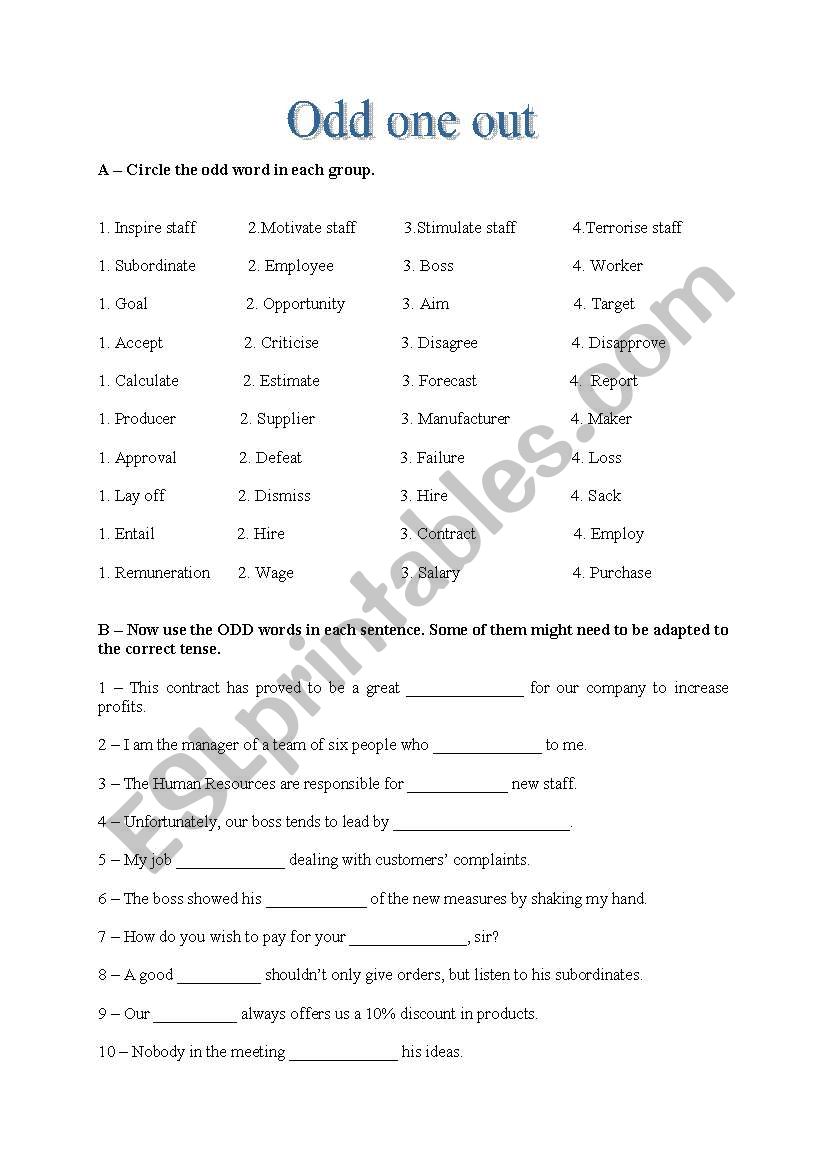 Odd one out worksheet