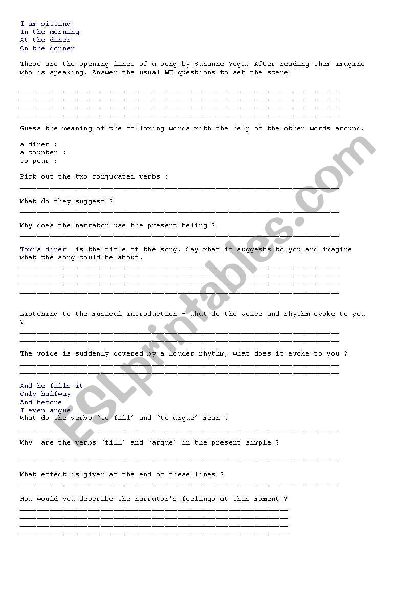 Toms diner by Suzanne Vega worksheet