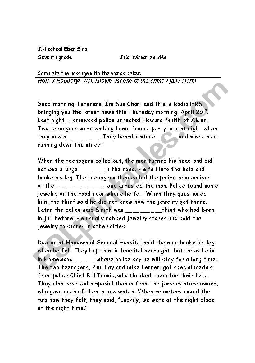 cloze (Robbery story) worksheet