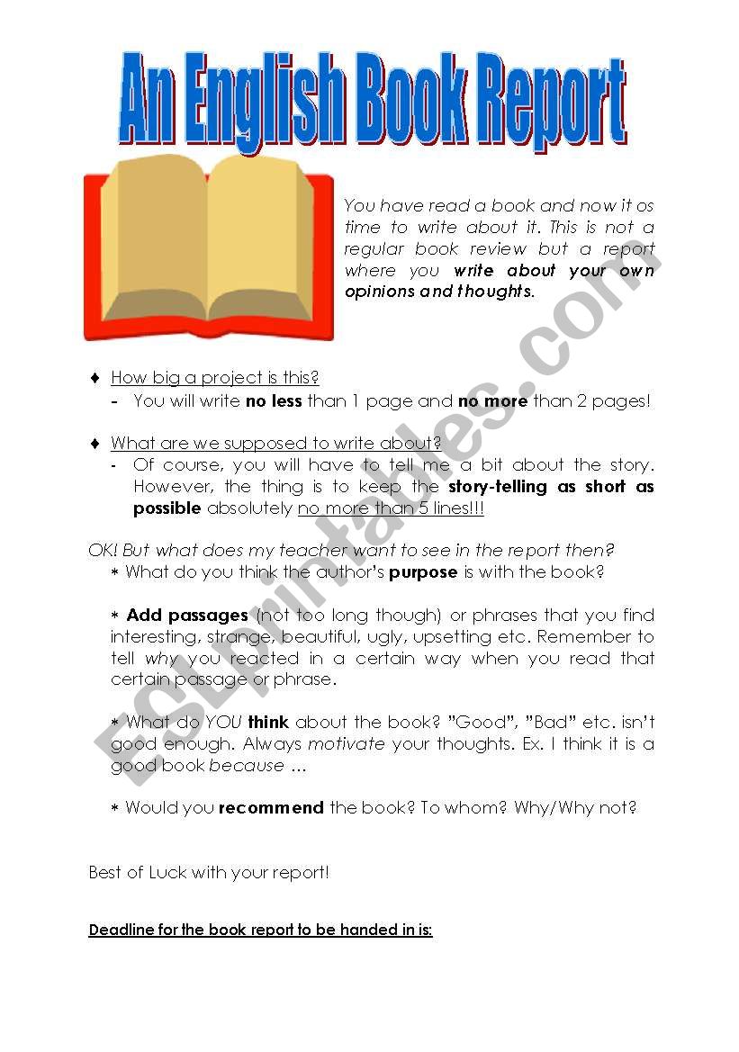 An English Book Report worksheet