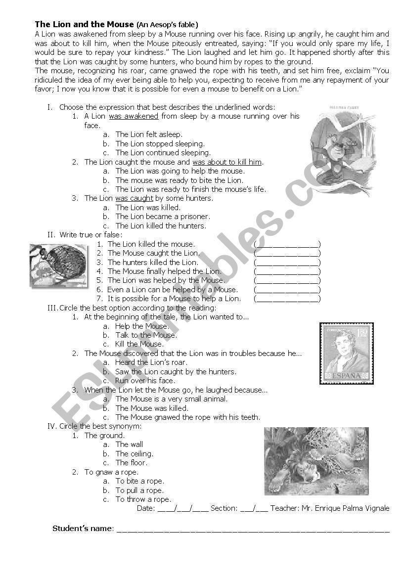 The Lion and the Mouse worksheet