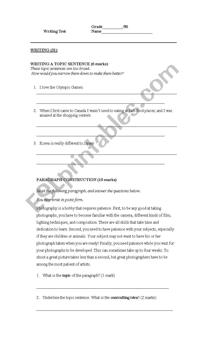 paragraph writing quiz worksheet