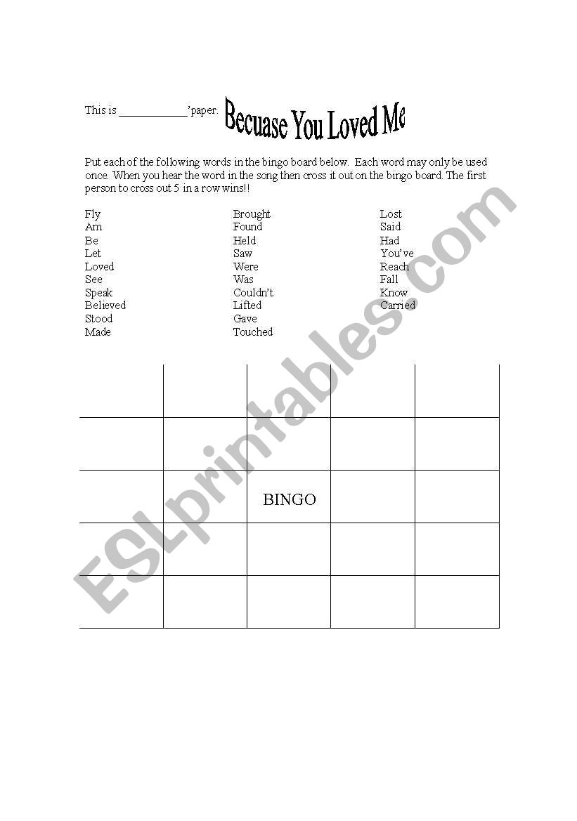 Because You Loved Me Past Simple BIngo