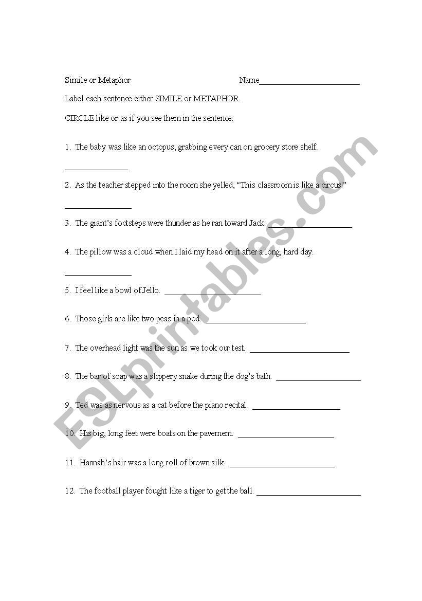 simile and metaphor worksheet