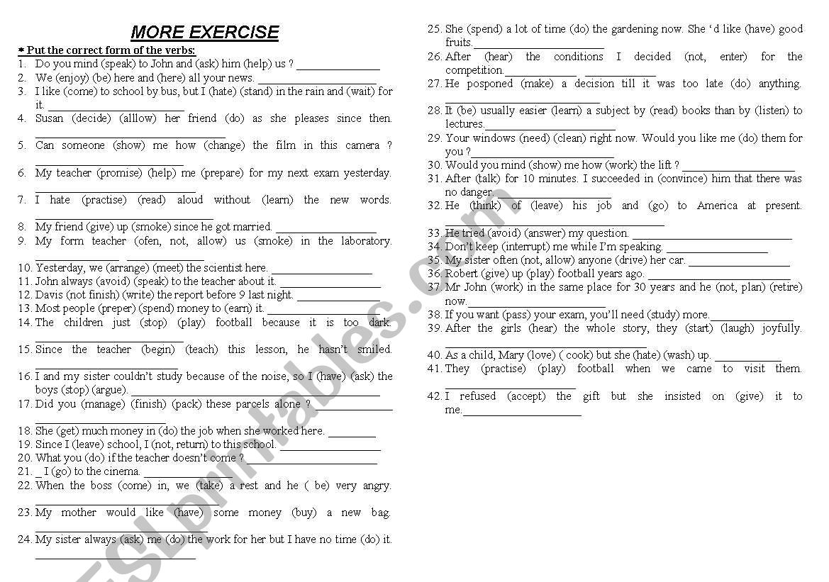 Gerund& infinitive worksheet