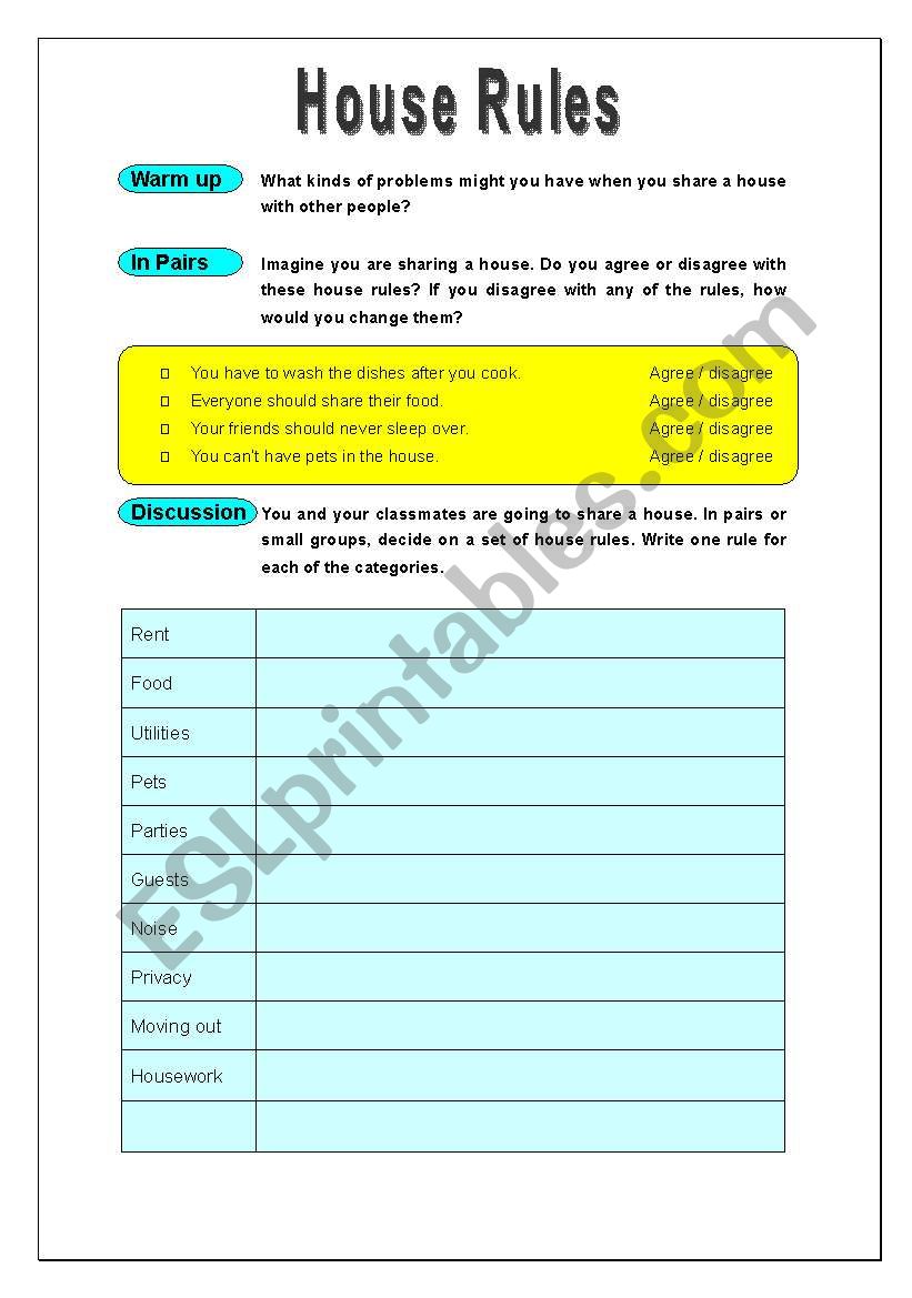 House Rules worksheet