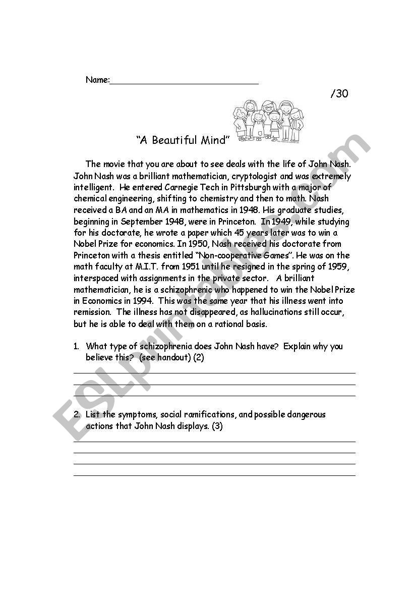 A Beautiful Mind Movie worksheet