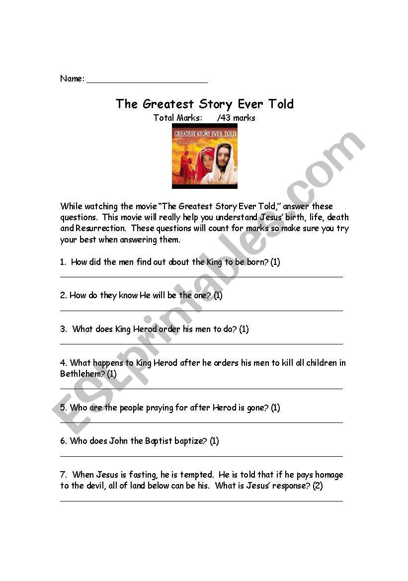 The Greatest Story Ever Told worksheet