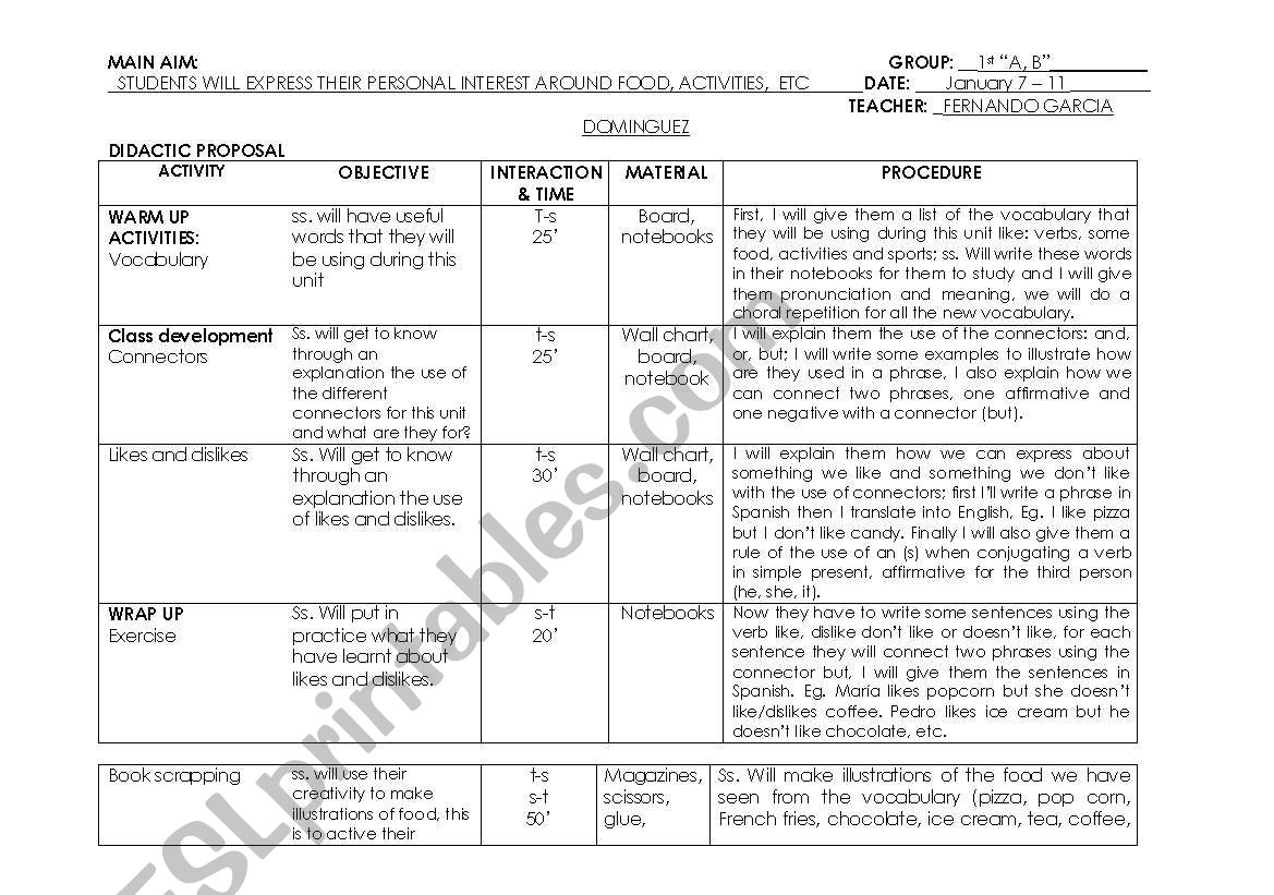 class plan about food worksheet