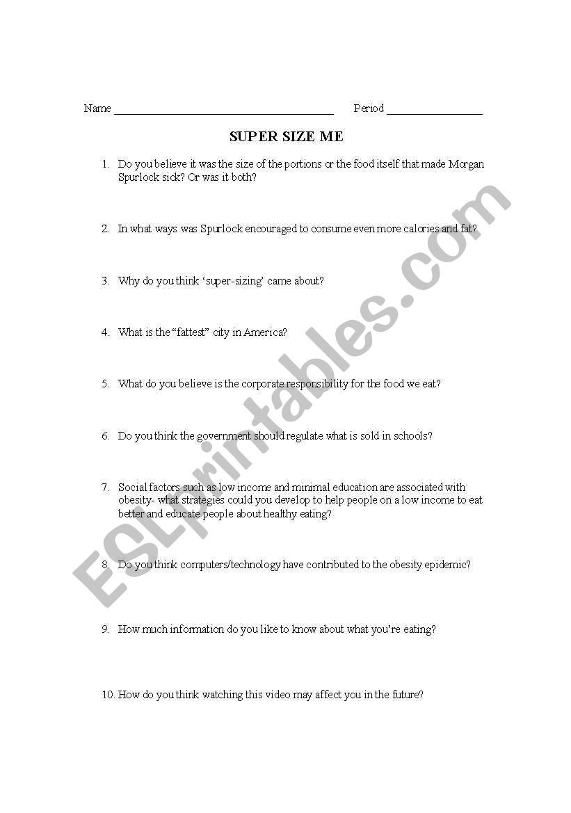 SuperSize Me Quiz worksheet