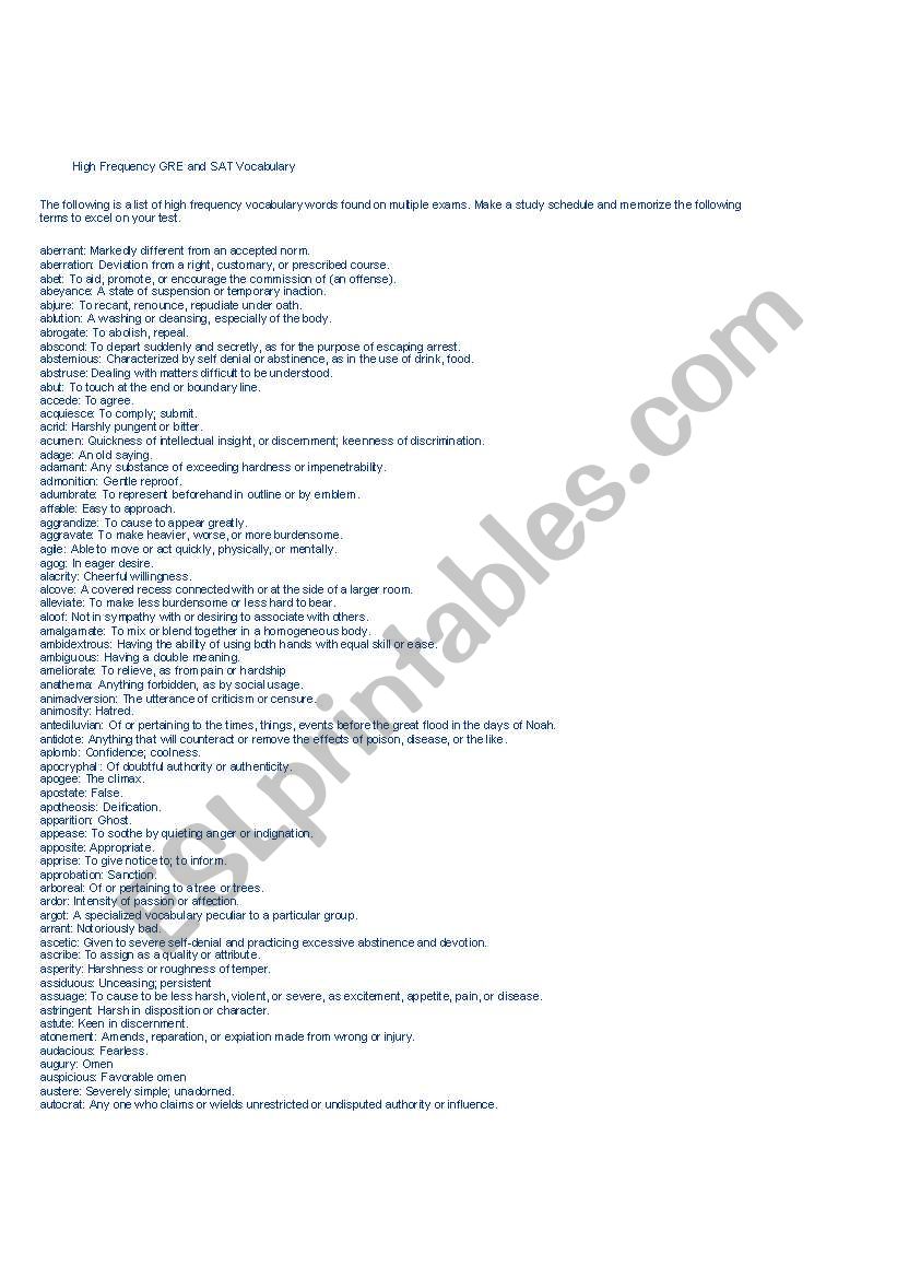 High Frequency GRE and SAT Vocabulary