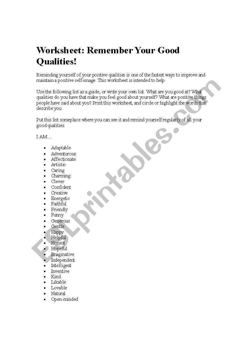 Worksheet: Remember Your Good Qualities!