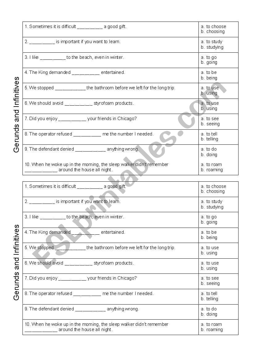 Gerunds and Infinitives worksheet