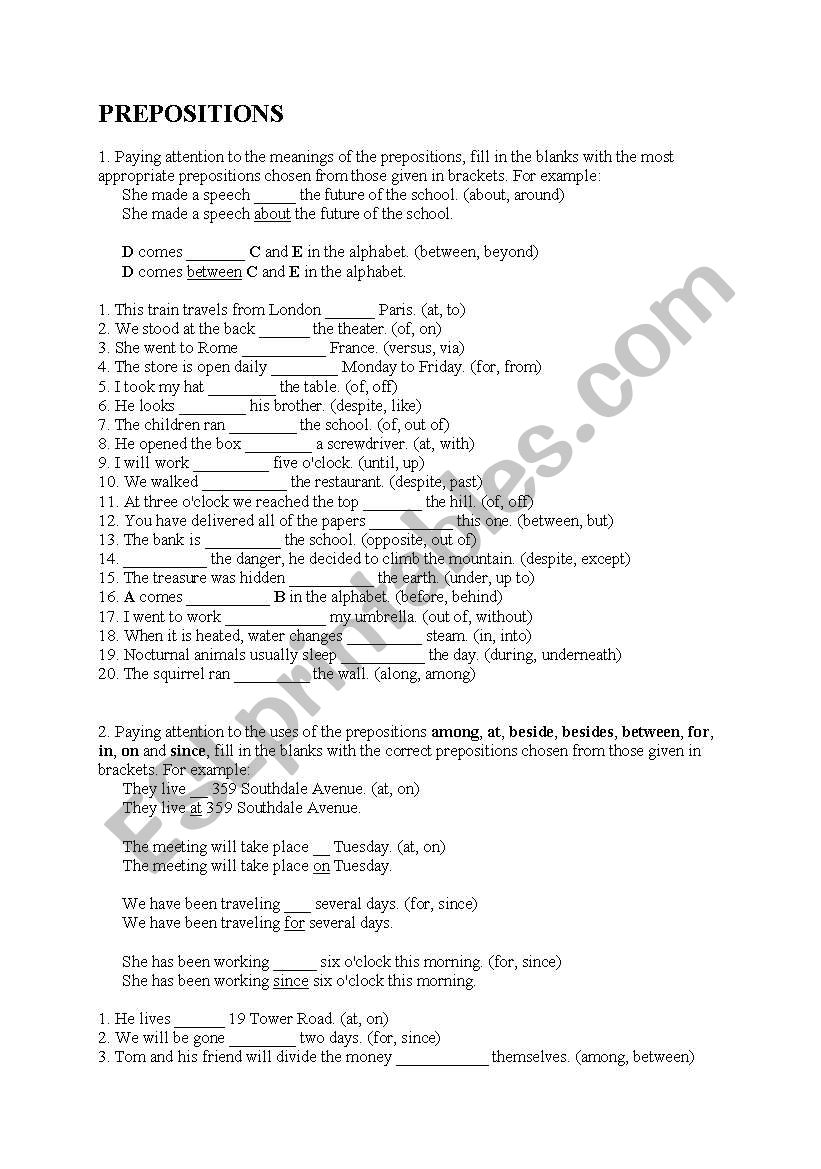 Prepositions worksheet