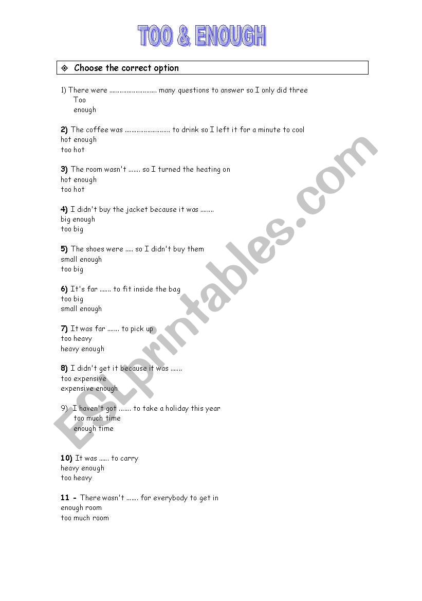 TOO vs ENOUGH worksheet