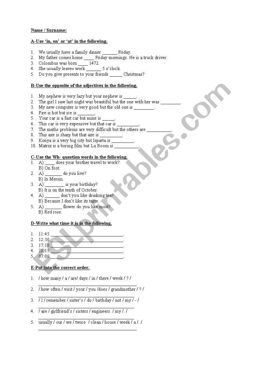 elementary quiz worksheet