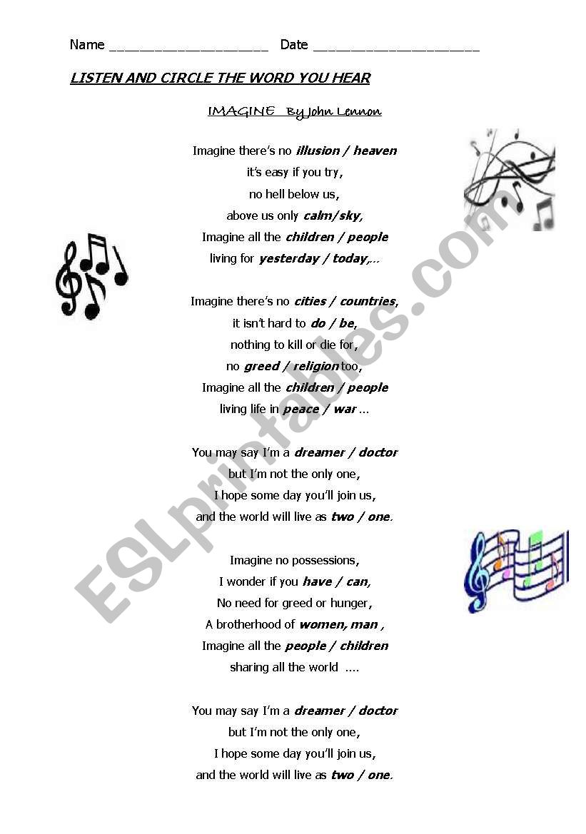 IMAGINE (THE SONG) worksheet