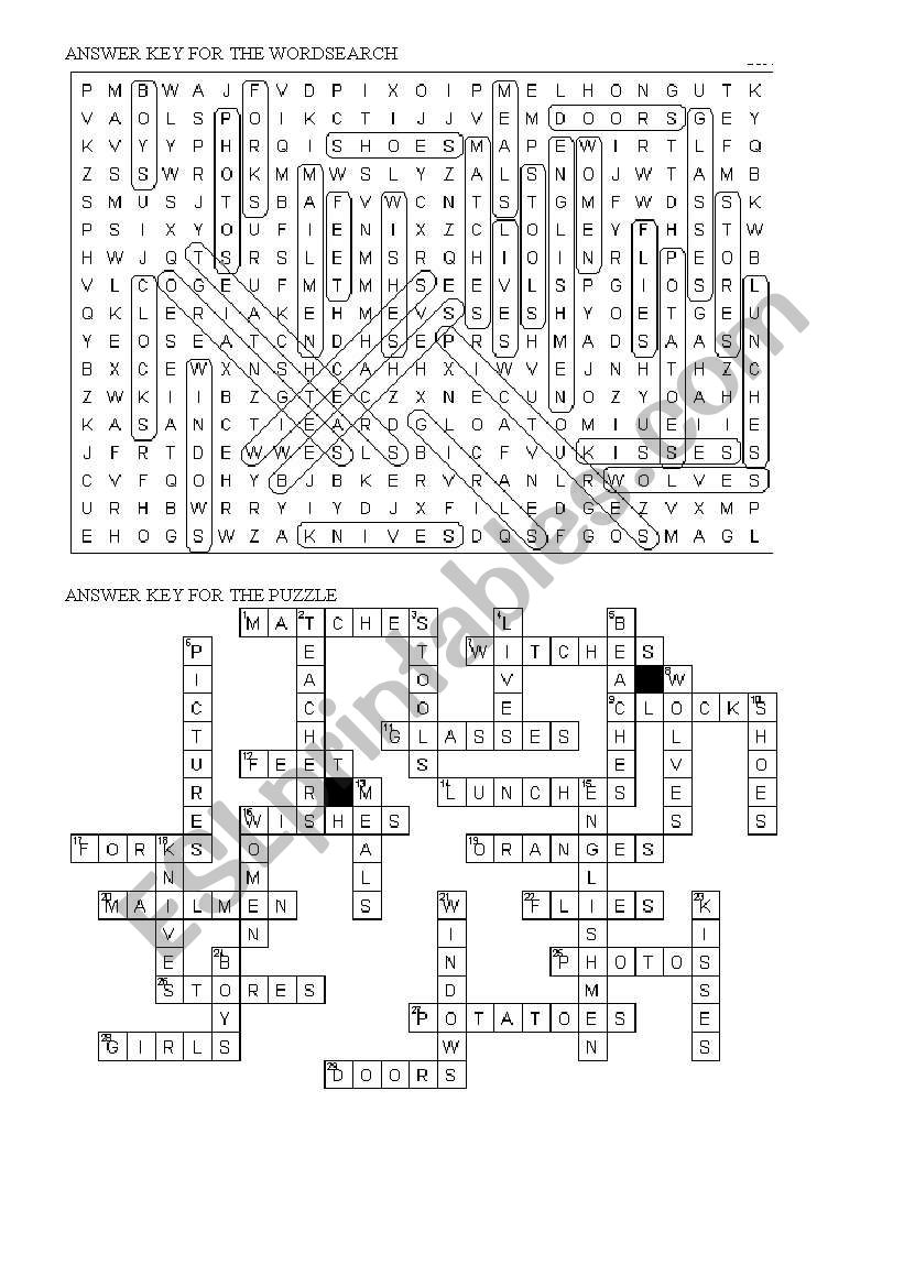 Plural Wordsearch and Crossword - 6th grade 2 of 2 - ANSWERS