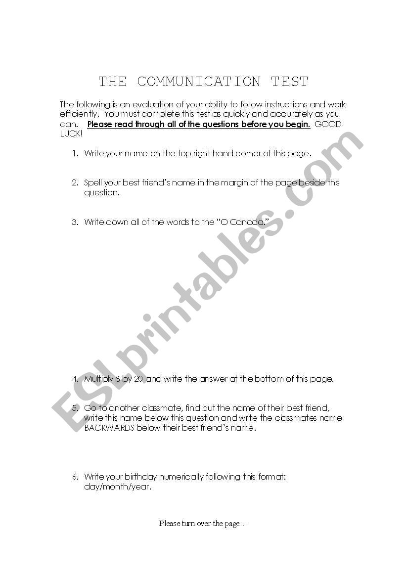Communication Test - Teach your students to follow instruction