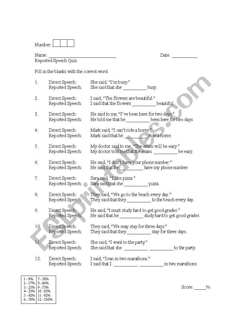 Reported Speech Quiz worksheet