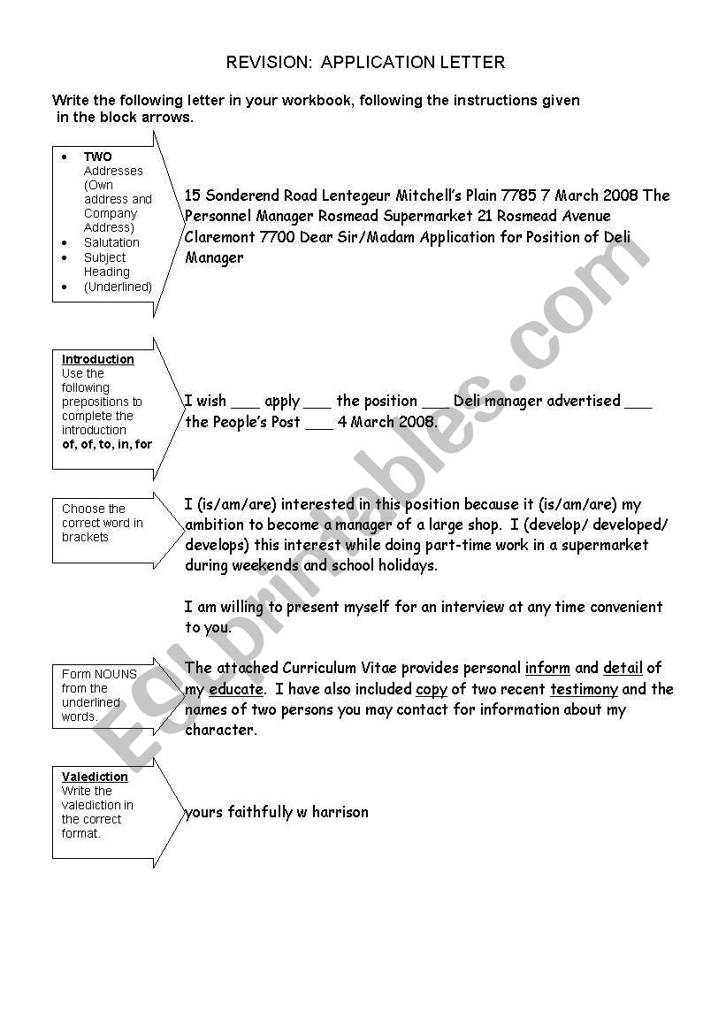 Letter of Application worksheet