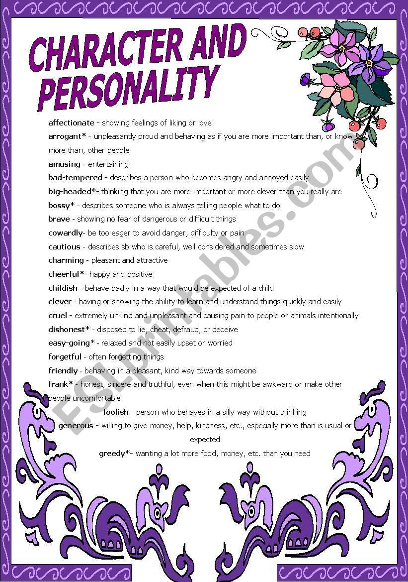CHARACTER AND PERSONALITY + exercises + adjectives+ KEY. 2 PAGES.