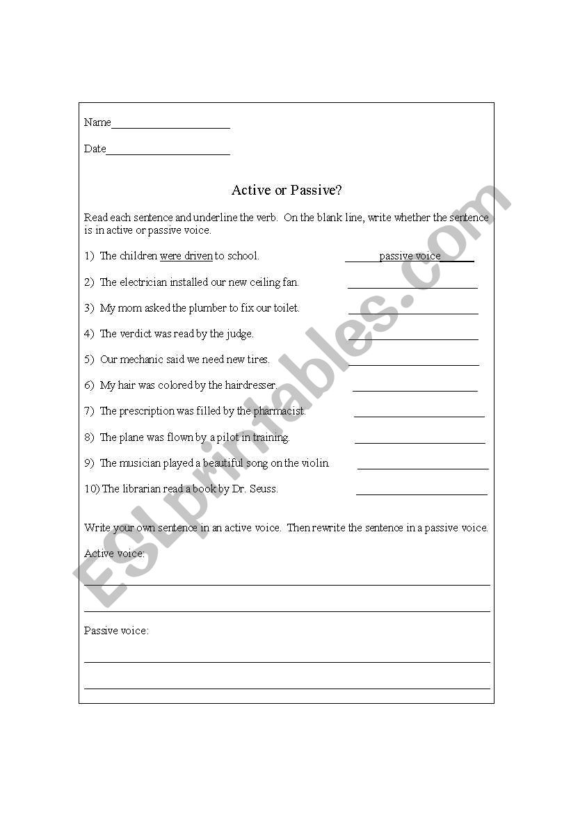 Active or Passive Verbs worksheet