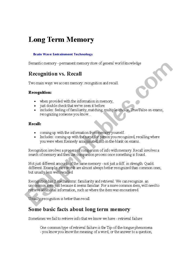 Long term Memory worksheet