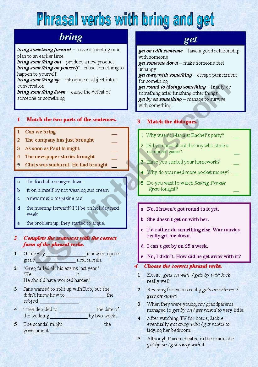 Bring & Get as phrasal verbs worksheet