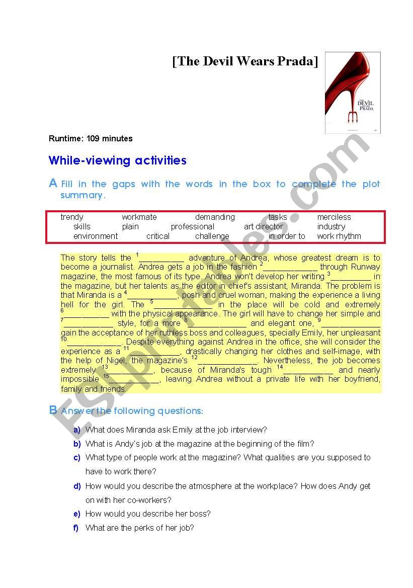 The Devil Wears Prada worksheet