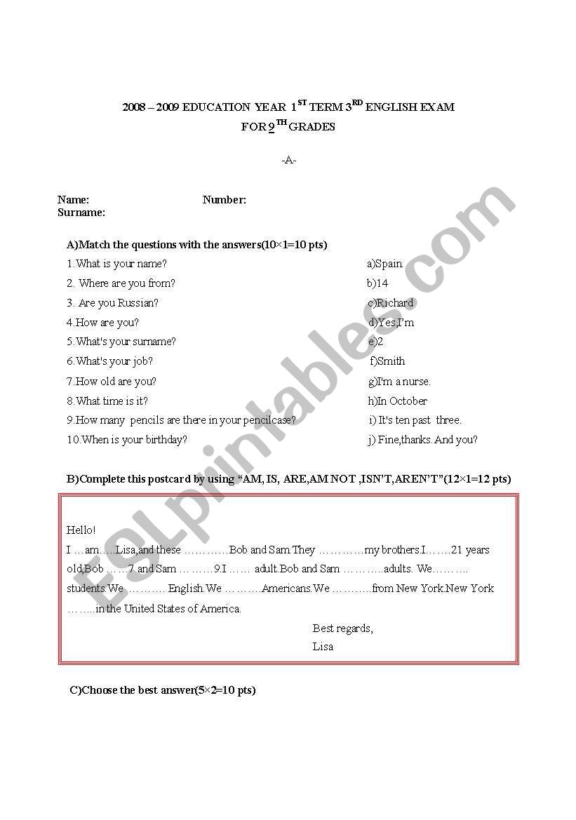 written exam for 9th grades worksheet