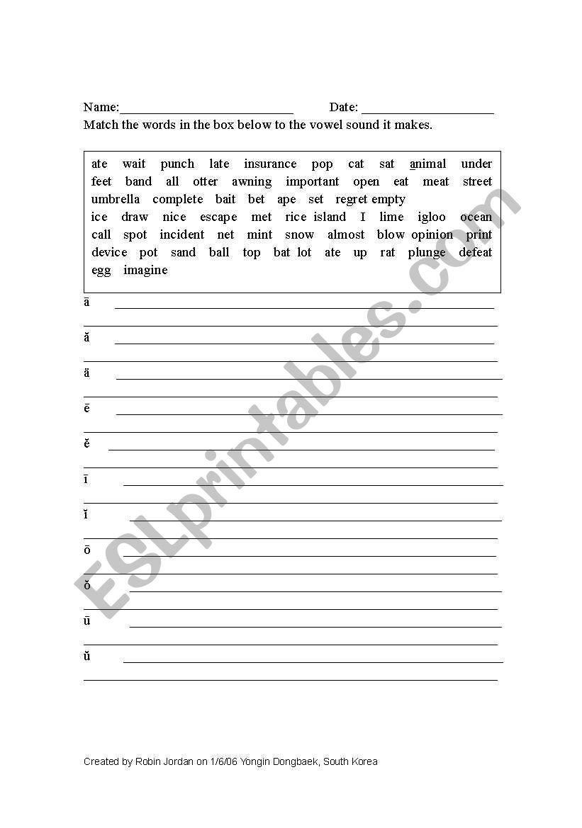 Long and Short Vowel Worksheet