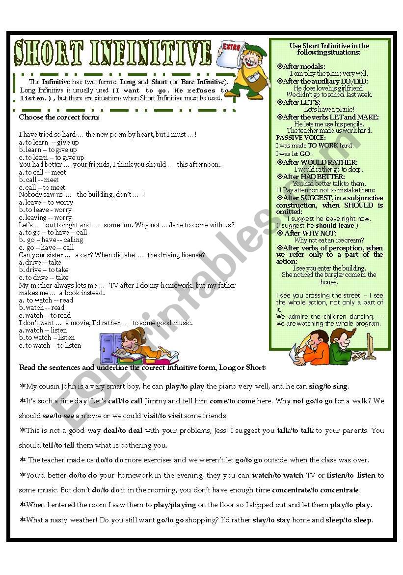 SHORT INFINITIVE worksheet